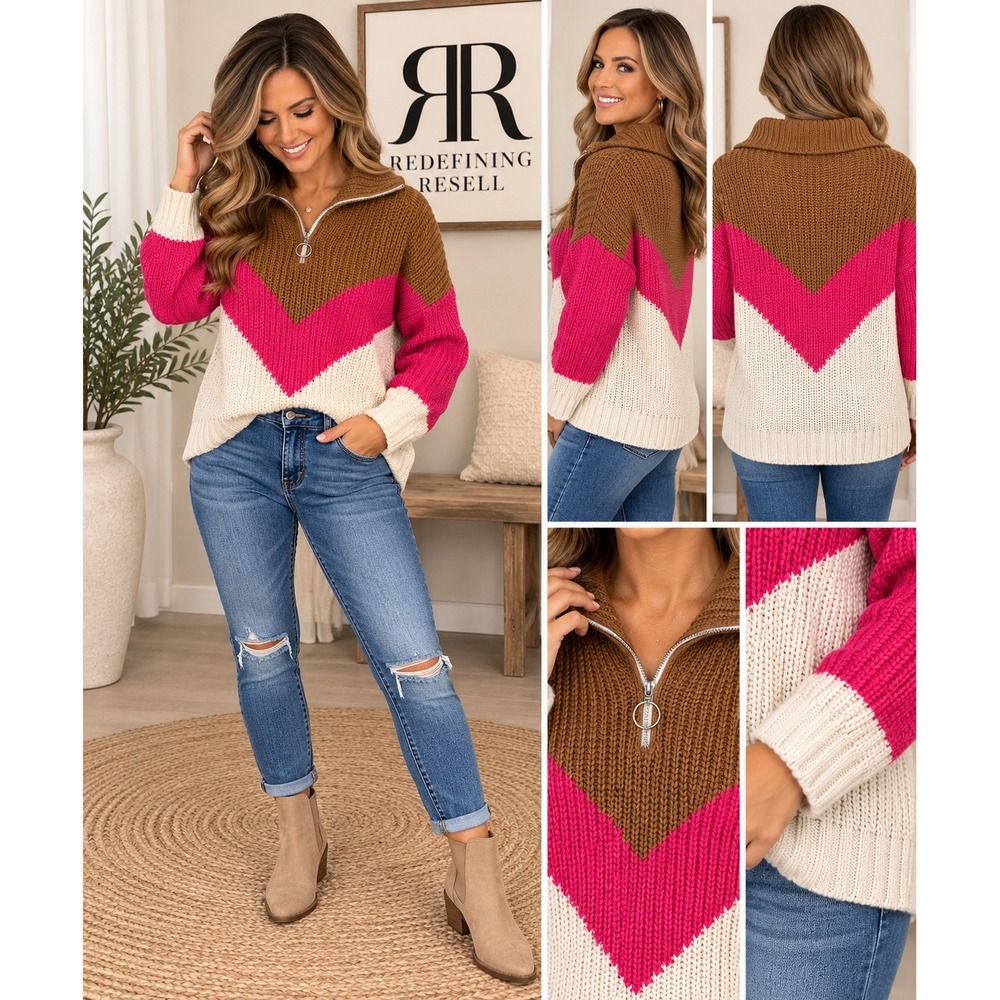 Show Me Your Mumu Weston Half Zip Pullover Ski Lift Knit Chevron Sweater L